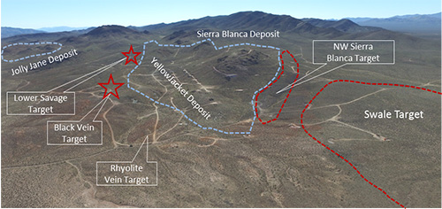 Looking south at the YellowJacket/Sierra Blanca deposit and the surrounding 2016 exploration targets.
